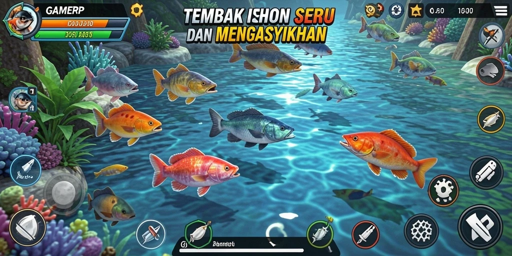 Screenshot GAMERP menampilkan aksi menembak ikan yang mendebarkan.