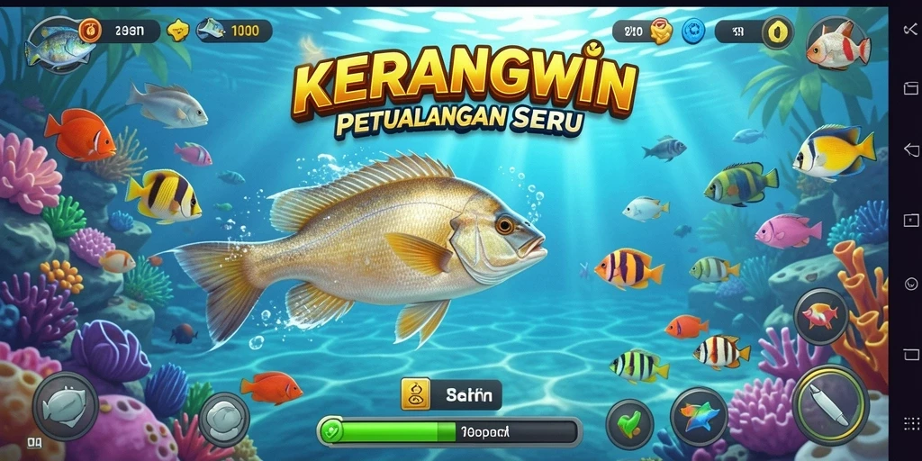 Tangkapan layar gameplay penuh aksi KERANGWIN dengan ikan-ikan warna-warni.