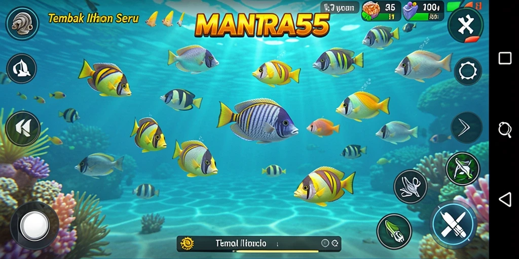 Tangkapan layar utama MANTRA55 menampilkan aksi menembak ikan yang mendebarkan.