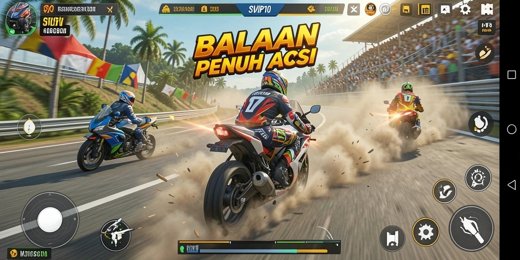 Gameplay seru SVIP10 dengan aksi balapan motor yang mendebarkan.